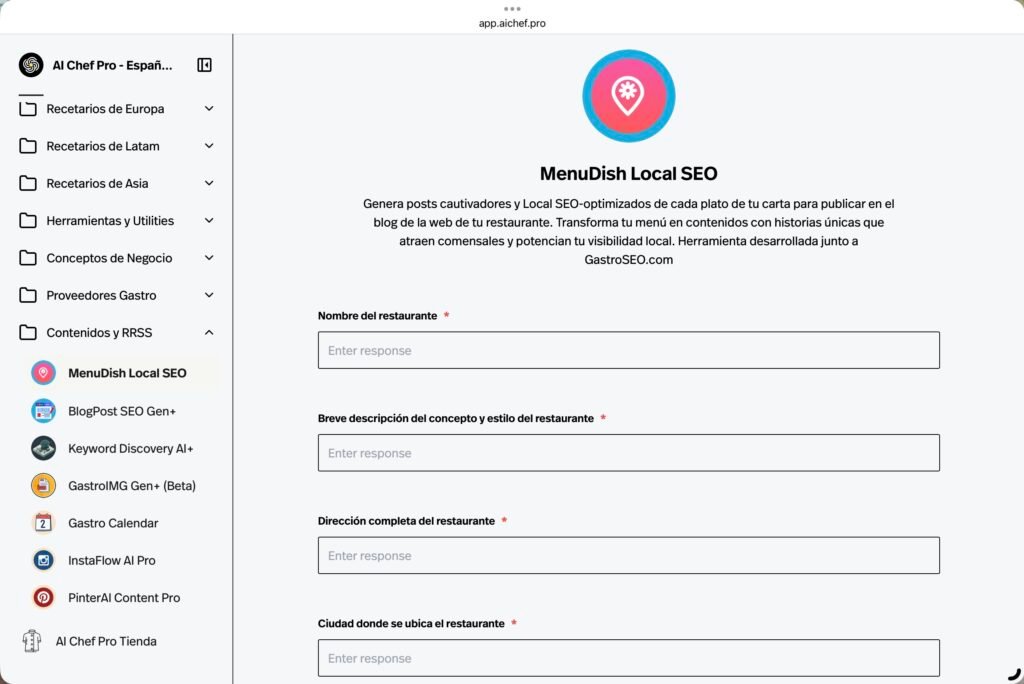 Captura de MenuDish Local SEO de Ai Chef Pro