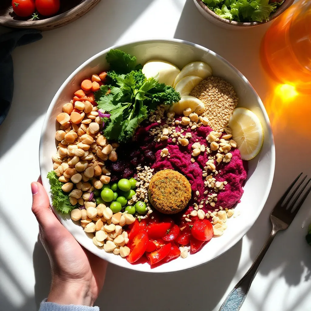 Bowl de primavera con falafel de guisantes, hummus de remolacha, vegetales glaseados y crujiente de semillas