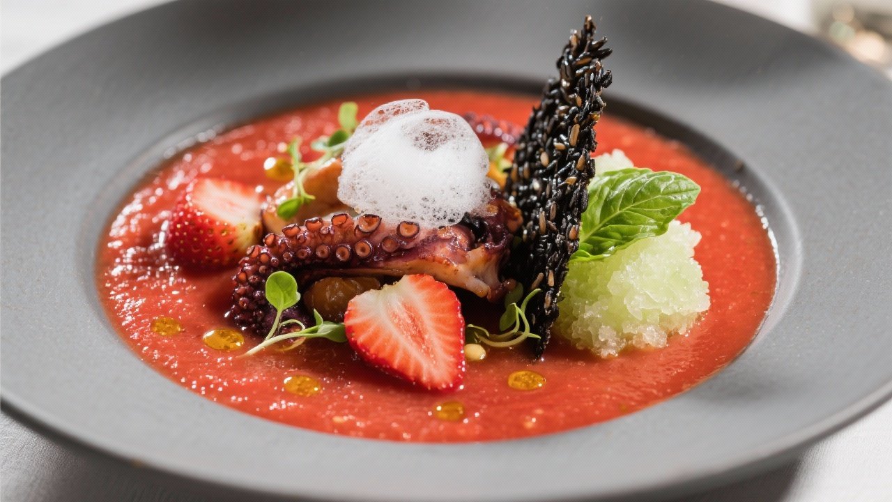 Pulpo Atlántico confitado, gazpacho de fresa y granizado de pepino, aire de albahaca y crujiente de arroz negro